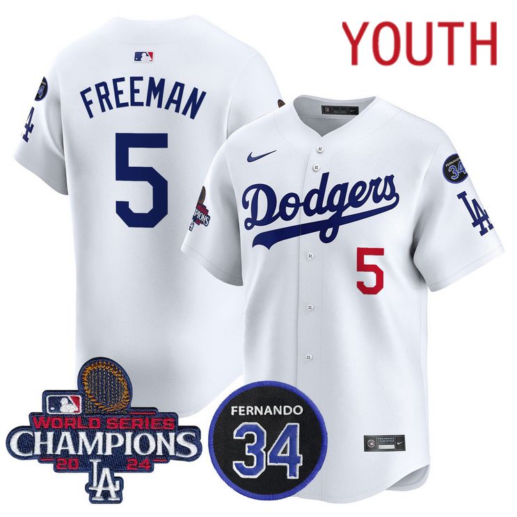 Youth MLB Los Angeles Dodgers #5 Freeman white 2024 World Series Champions Patch Limited Jersey->customized mlb jersey->Custom Jersey